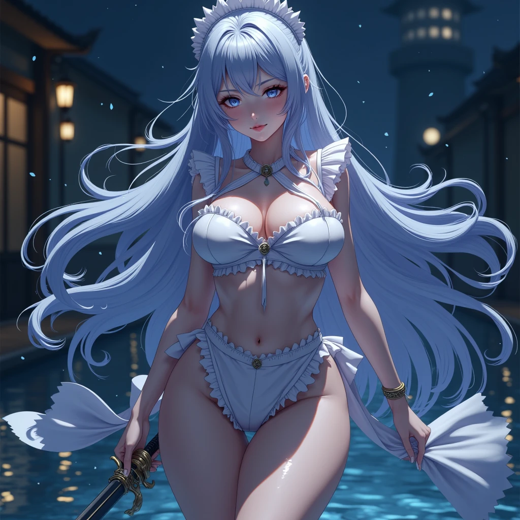 (( water particles in the scene , 4K quality, 8K quality, highest quality,  amazing details ,  background ,  masterpiece ,)(cuerpo completo)),  Ultra sexy warrior swordswoman servant Sylpha Langis, Perfect body half naked ,  semi-blue white hair , very long hair loose, wet hair,  Big breasts,  giant breasts , bare breasts,  breasts soaked in water ,  small waist,  big hips , sexy thighs,  with maid uniform ,  with maid uniform  mojado,  the uniform is torn , pose sexy,  completely wet body , night scene, Great lighting,  with wet maid uniform , beautiful anime scene, perfect semi-nude figure . ( without deformations , Uncensored,  no foreign objects , No trash , no anomalies , Without deformities)