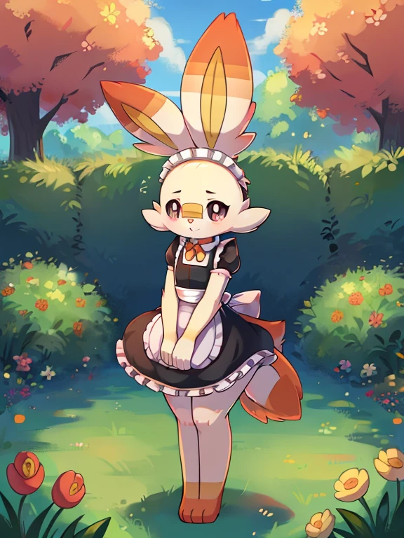   scorbunny,Pokémon,Iris,garden, (  anatomically correct) (Fluffy) ( furry ) (Fluffyの足) (black pupils) ((Full Body)) (cute) (Maid)first round