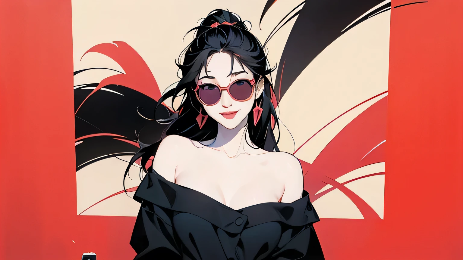 Flat illustration artwork, ((Angelababy)) Standing in front of a simple background in an off-the-shoulder dress, Close Range, Wear sunglasses, Korean pop star,  big smile , Dark hair, Beautiful hands, edge, Simple red background, Palm Trees, (Graffiti Wall:1.2), (( created in Patrick Nagel's art style )), ((8K, wallpaper,  detailed )), Strong, brave,  Artist Patrick Nagle , Music Album Cover Art