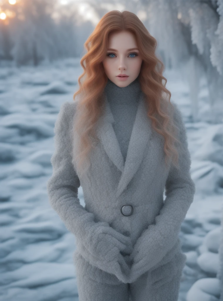 professional photo, 1girl, posing, ginger long wavy hair, office suit made of ice and frost, IceFashion, complex park background
8k uhd, dslr, soft lighting, high quality, (intricate details:0.9), (hdr, hyperdetailed:1.2)