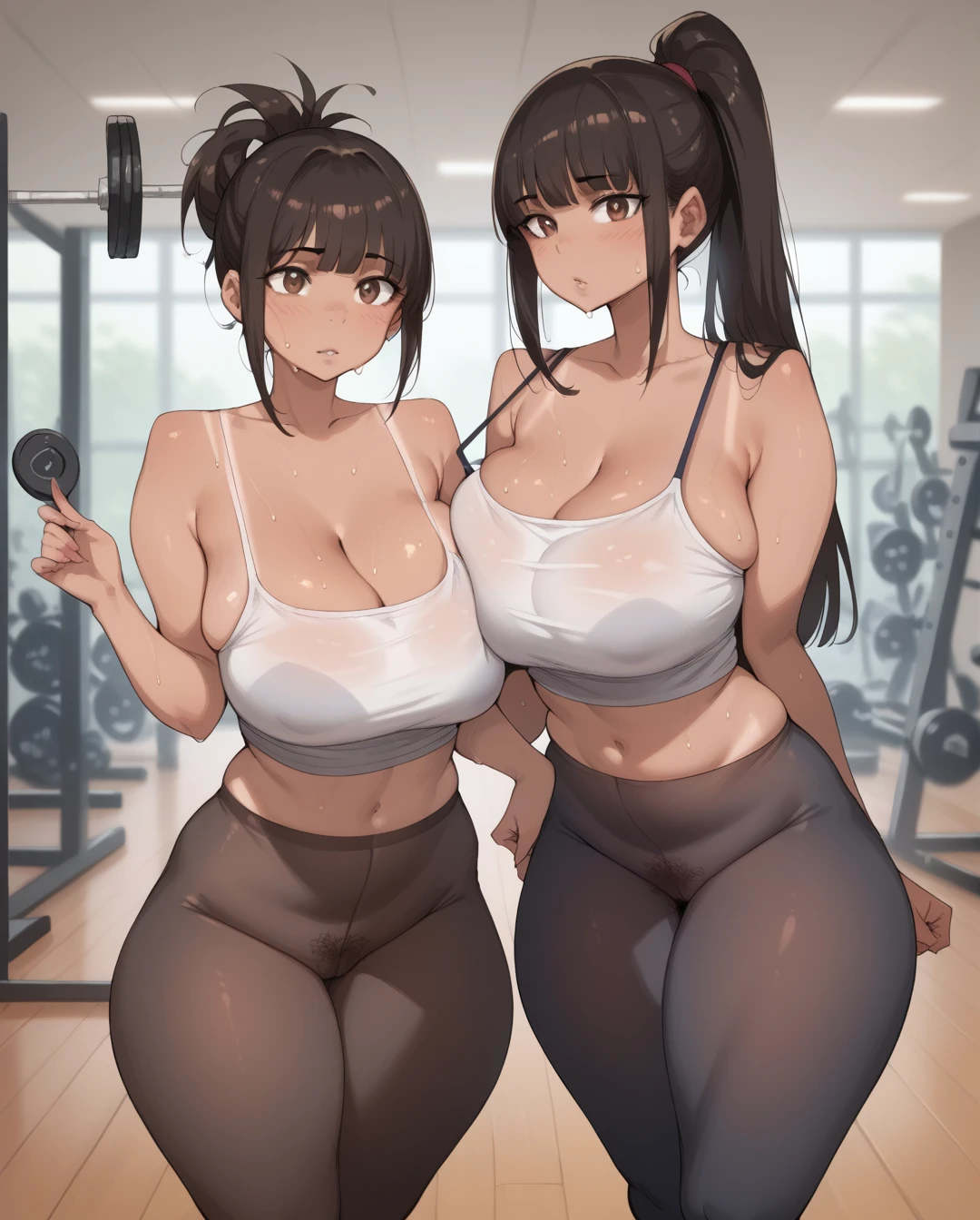 ((Best Quality))), (detailed), 8k, sexy , cute nose, huge breasts ,Visible curves, Wide hips, fit body, Realistic, belly, thighs, Standing, sweaty, steamy, seducing, thicc, Gym, woman, ponytail, straight bangs, Legs overlapping each other, tight leggings, Spaghetti strap shirt, pubic hair, Top view, cleavage, tanned, body oils