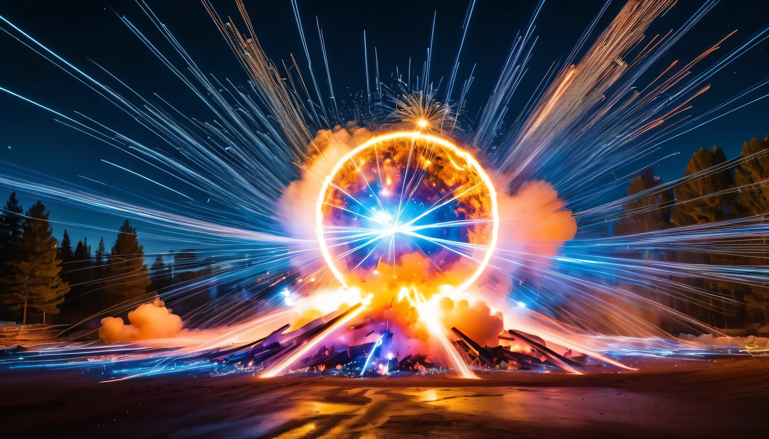 The neutrons of the two explosions have clear details , 8K quality, captures the precise moment of the explosion . The light trail crosses the entire scene , leaves a fascinating color . Thousands of brightly colored fragments scattered on all sides, Stop in the picture .