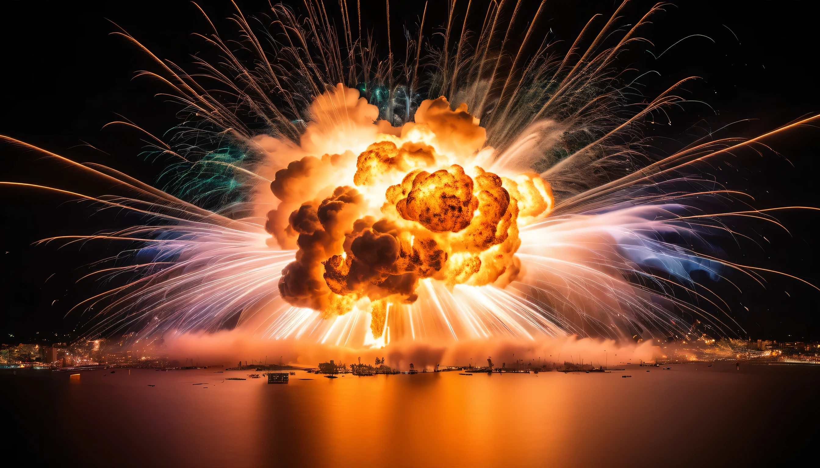 The neutrons of the two explosions have clear details , 8K quality, captures the precise moment of the explosion . The light trail crosses the entire scene , leaves a fascinating color . Thousands of brightly colored fragments scattered on all sides, Stop in the picture .