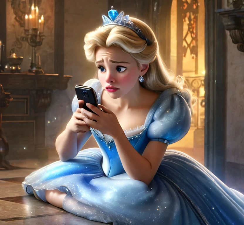 Cinderella checks the timer on her cell phone, worried expression