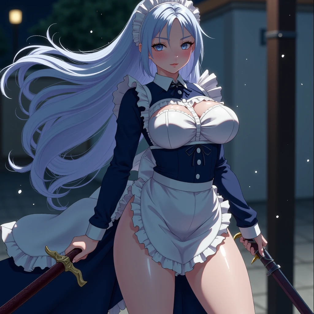 (( water particles in the scene , 4K quality, 8K quality, highest quality,  amazing details ,  background ,  masterpiece ,)(cuerpo completo)),  Ultra sexy warrior swordswoman servant Sylpha Langis, Perfect body half naked ,  semi-blue white hair , very long hair loose, wet hair,  Big breasts,  giant breasts , bare breasts,  breasts soaked in water ,  small waist,  big hips , sexy thighs,  with maid uniform ,  with maid uniform  mojado,  the uniform is torn , pose sexy,  completely wet body , night scene, Great lighting,  with wet maid uniform , beautiful anime scene, perfect semi-nude figure . ( without deformations , Uncensored,  no foreign objects , No trash , no anomalies , Without deformities)