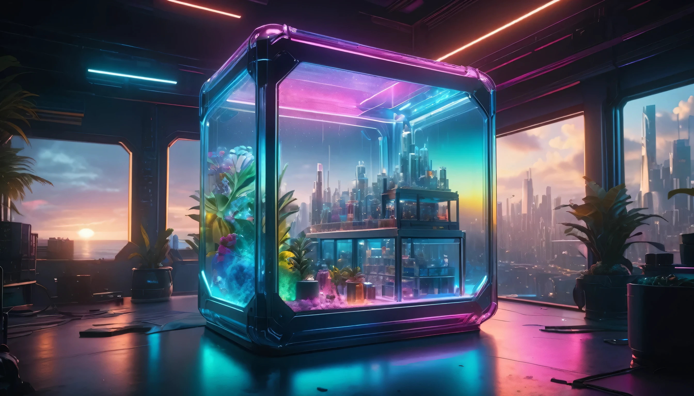 Hyper-realistic 8K CG, Flawless, Clean, masterpiece,  Professional artwork , Masterpiece,  Nipple Stimulation  ,  cinematic bloom , (((Photo RAW)), background),  a large rainbow glass cyberpunk container,Inside is a holiday island , 