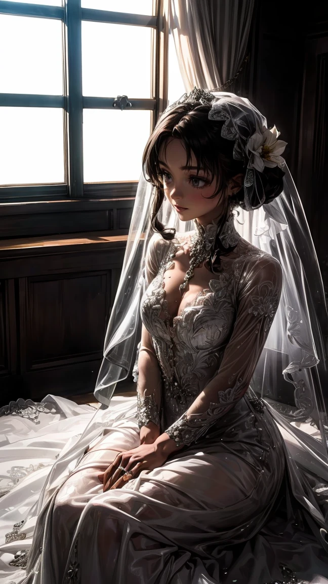 (masterpiece), 1girl, perfect details, expressive eyes, high quality, Semi-Realism, anime studio style, videl, blue eyes, black hair, twintails, long hair,ruanyi0263, bridal veil, wedding dress, veil, white see-through dress, bride, sitting sultry, on a bed, wedding night, romantic scene, romance, flower petals, windows open, night-time,