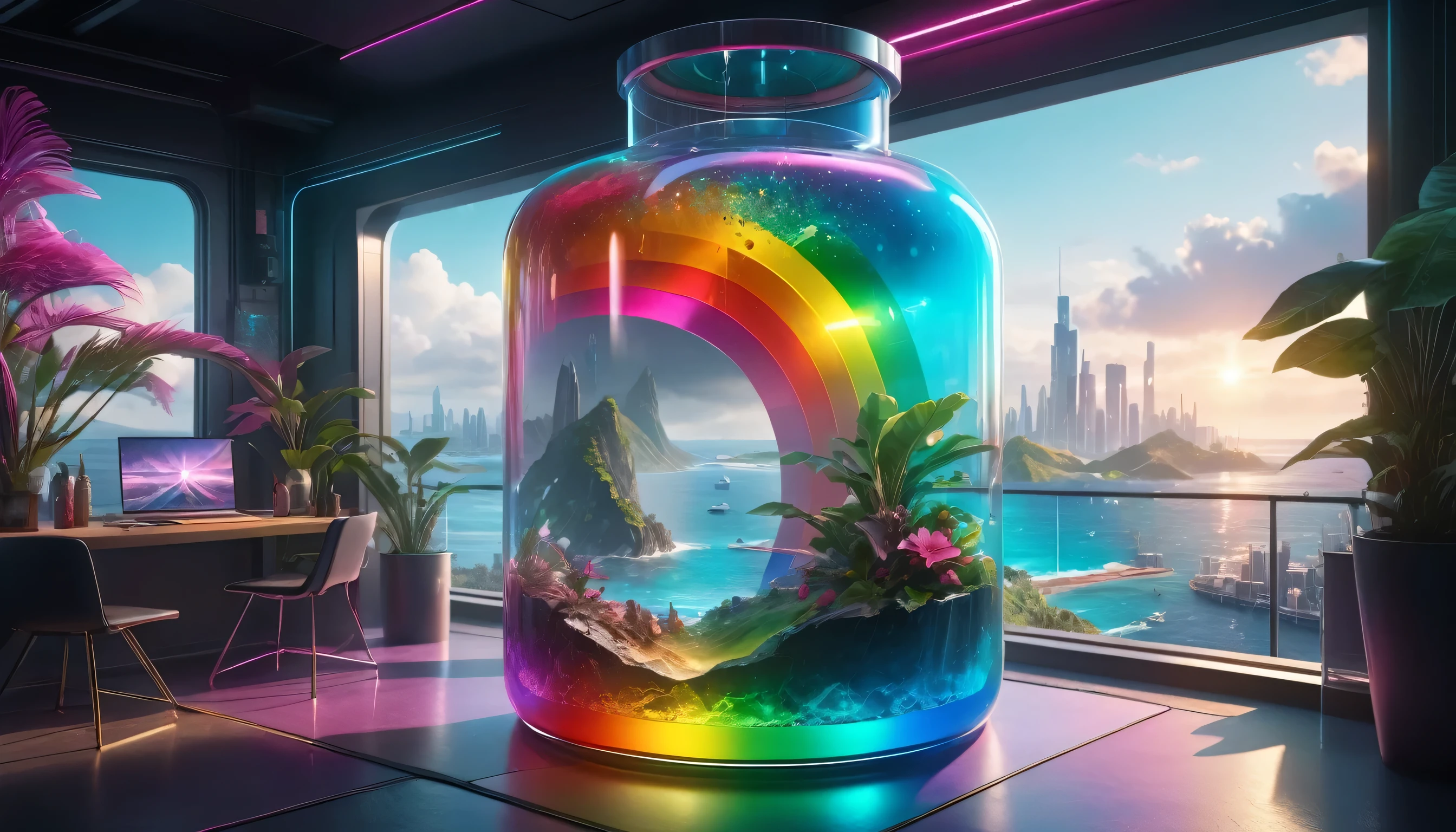 Hyper-realistic 8K CG, Flawless, Clean, masterpiece,  Professional artwork , Masterpiece,  Nipple Stimulation  ,  cinematic bloom , (((Photo RAW)), background),  a large rainbow glass cyberpunk container,Inside is a holiday island , 