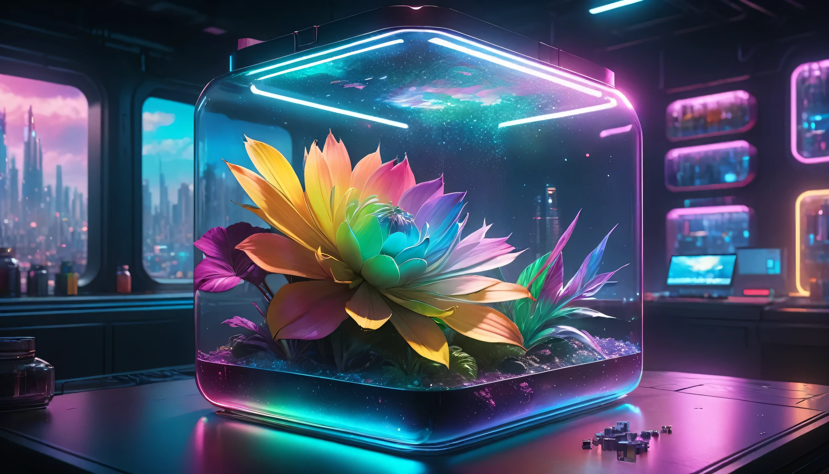 Hyper-realistic 8K CG, Flawless, Clean, masterpiece,  Professional artwork , Masterpiece,  Nipple Stimulation  ,  cinematic bloom , (((Photo RAW)), background),  a large rainbow glass cyberpunk container,Inside is a holiday island , 