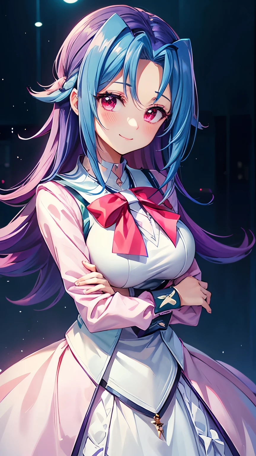 masterpiece, best quality, highres, kr1, multicolored hair, dyed bangs, long sleeves, bow, pink dress, white vest, white skirt,smile,big tits ,looking at viewer,top view,(standing), bracelet, Cyber city,green neon lights,((perfect face)),perfect body, perfect , high definition,blush,((upper body))
