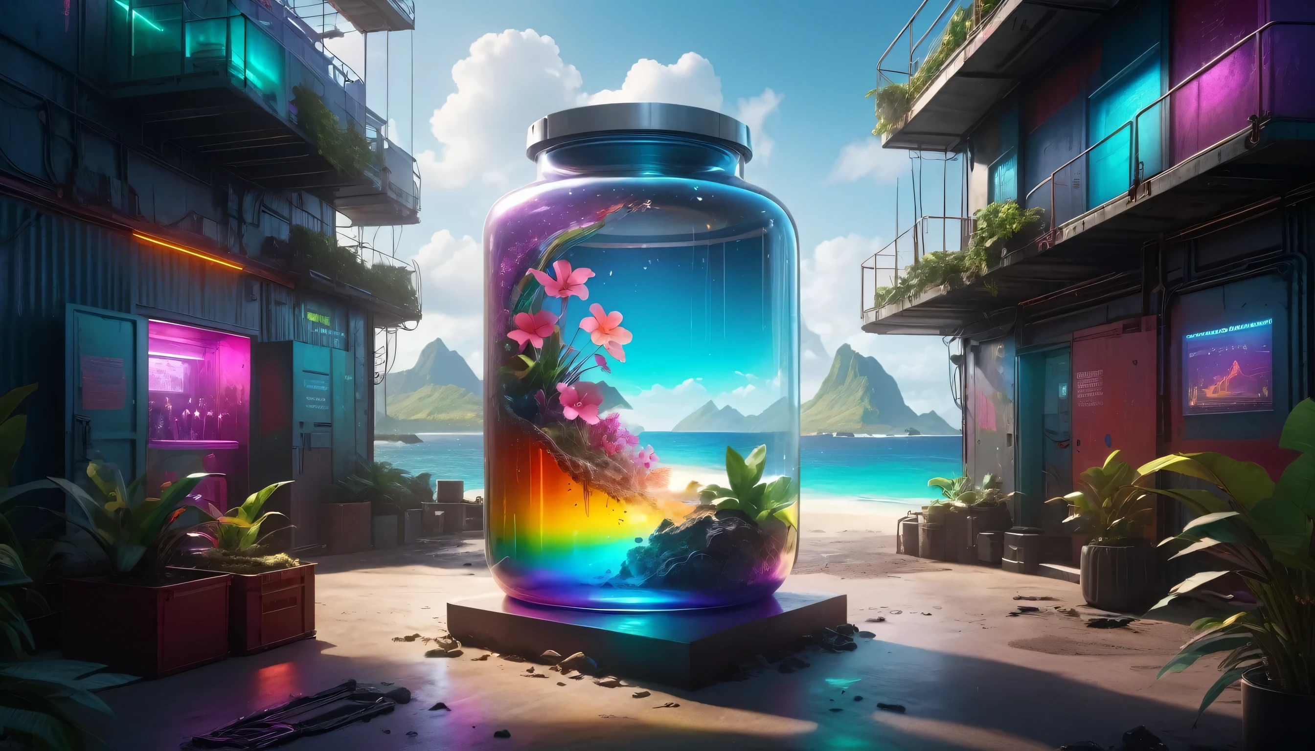 Hyper-realistic 8K CG, Flawless, Clean, masterpiece,  Professional artwork , Masterpiece,  Nipple Stimulation  ,  cinematic bloom , (((Photo RAW)), background),  a large rainbow glass cyberpunk container,Inside is a holiday island , 