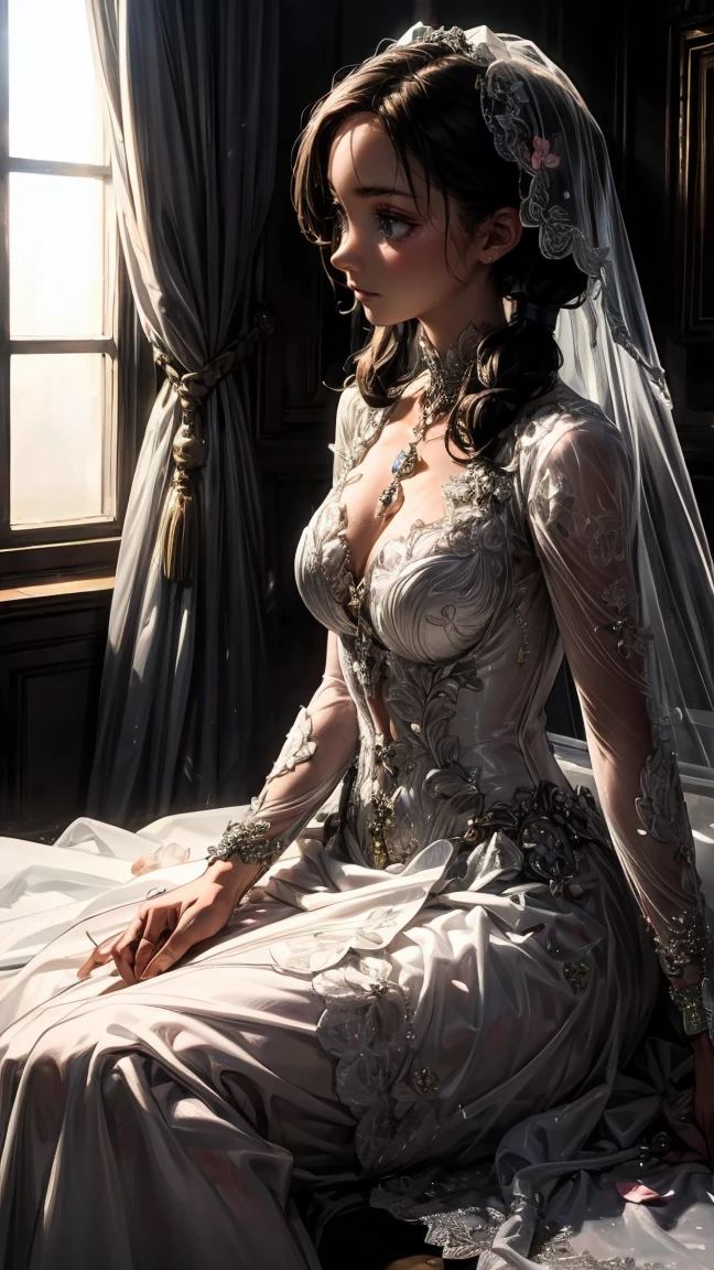 (masterpiece), 1girl, perfect details, expressive eyes, high quality, Semi-Realism, anime studio style, videl, blue eyes, black hair, ((twintails)), long hair, ruanyi0263, bridal veil, wedding dress, veil, white see-through dress, bride, sitting sultry, on a bed, wedding night, romantic scene, romance, flower petals, windows open, ((night-time)), romance,