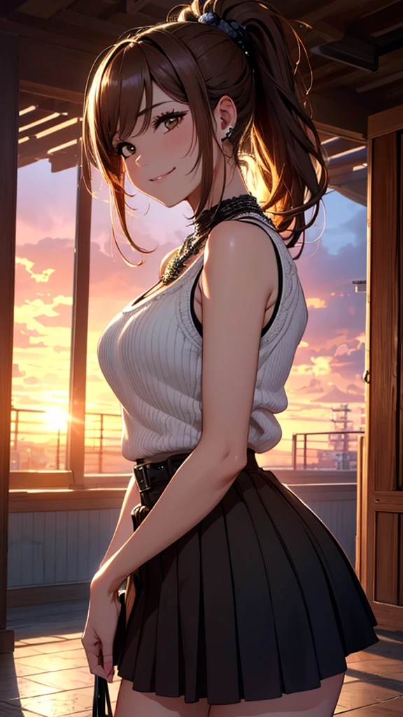 (One girl:1.3, alone), (masterpiece, Highest quality, photoRealistic, High resolution, photograph, :1.3), Super detailed, Sharp focus, プロのphotograph, 商業photograph, (Upper Body:1.3), (Standing Downtown), (((Staring at the audience:1.5))), (Put your arms behind your back:1.3), 
break, 
One girl, alone, Mature Woman, European Girls, Hot Model, (Attractive model:1.37), (Promotional Model:1.2), Highly detailed eyes and pupils, Realistic skin, ((Attractive body, Huge breasts:1.38, Disproportionate breasts:1.38, Narrow waist:1.15)), Medium length thin hair, Single braid, Mahogany Hair, Very fine hair, Delicate and sexy face, Sensual Gaze, Glossy Lips, 
break, 
(Dark orange camisole:1.3), (Black plaid skirt:1.3), Detailed clothing, 
break, 
(Outdoor, Times Square Garden Background, Blurred Background:1.25, Simple Background, Background without humans, Detailed Background), (Under the sunset:1.37), 
break, 
(Attractive pose), ((Realistic, super Realistic, realism, Realistic detail)), Perfect Anatomy, Perfect Proportions, Bokeh, Depth of written boundary, Ultra-sharp images, (Attractive emotions, Captivating smile:1.2, Happy:1.2, blush:1.2, :d:1.2, :p:1.2), Four fingers and thumb, Perfect human hand, Wind,