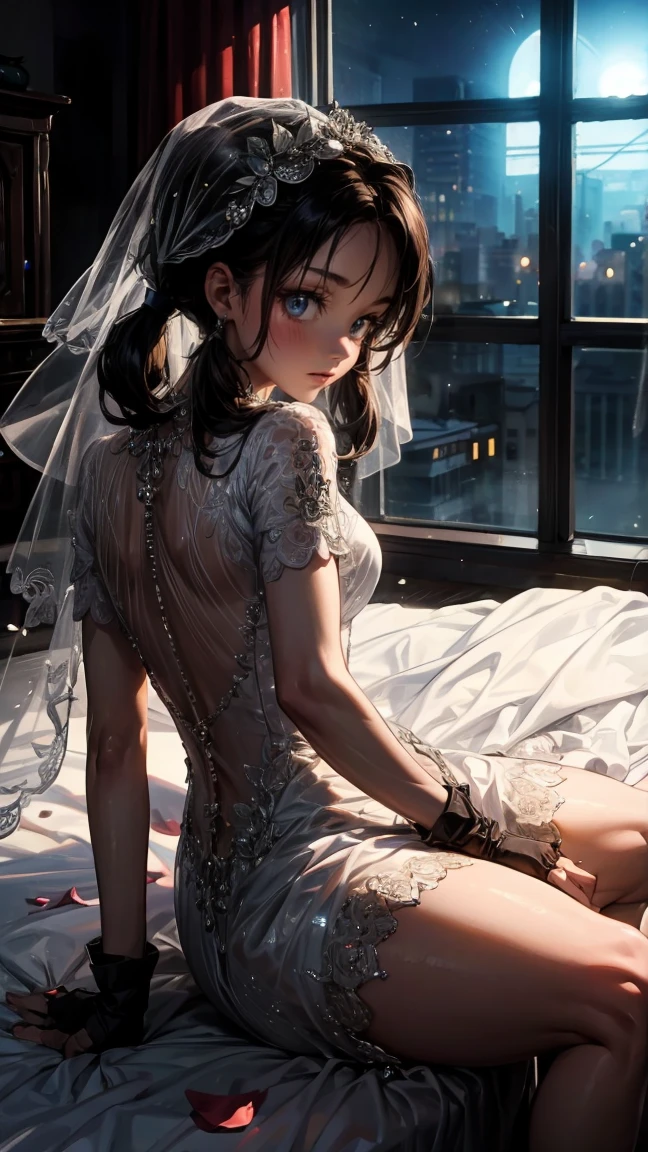 (masterpiece), 1girl, perfect details, expressive eyes, high quality, Semi-Realism, anime studio style, videl, blue eyes, black hair, ((twintails)), long hair, ruanyi0263, bridal veil, wedding dress, veil, white see-through dress, bride, short sleeves, black gloves, fingerless gloves, black shorts, bike shorts, sitting sultry, on a bed, wedding night, romantic scene, romance, flower petals, windows open, ((night-time)), romance,