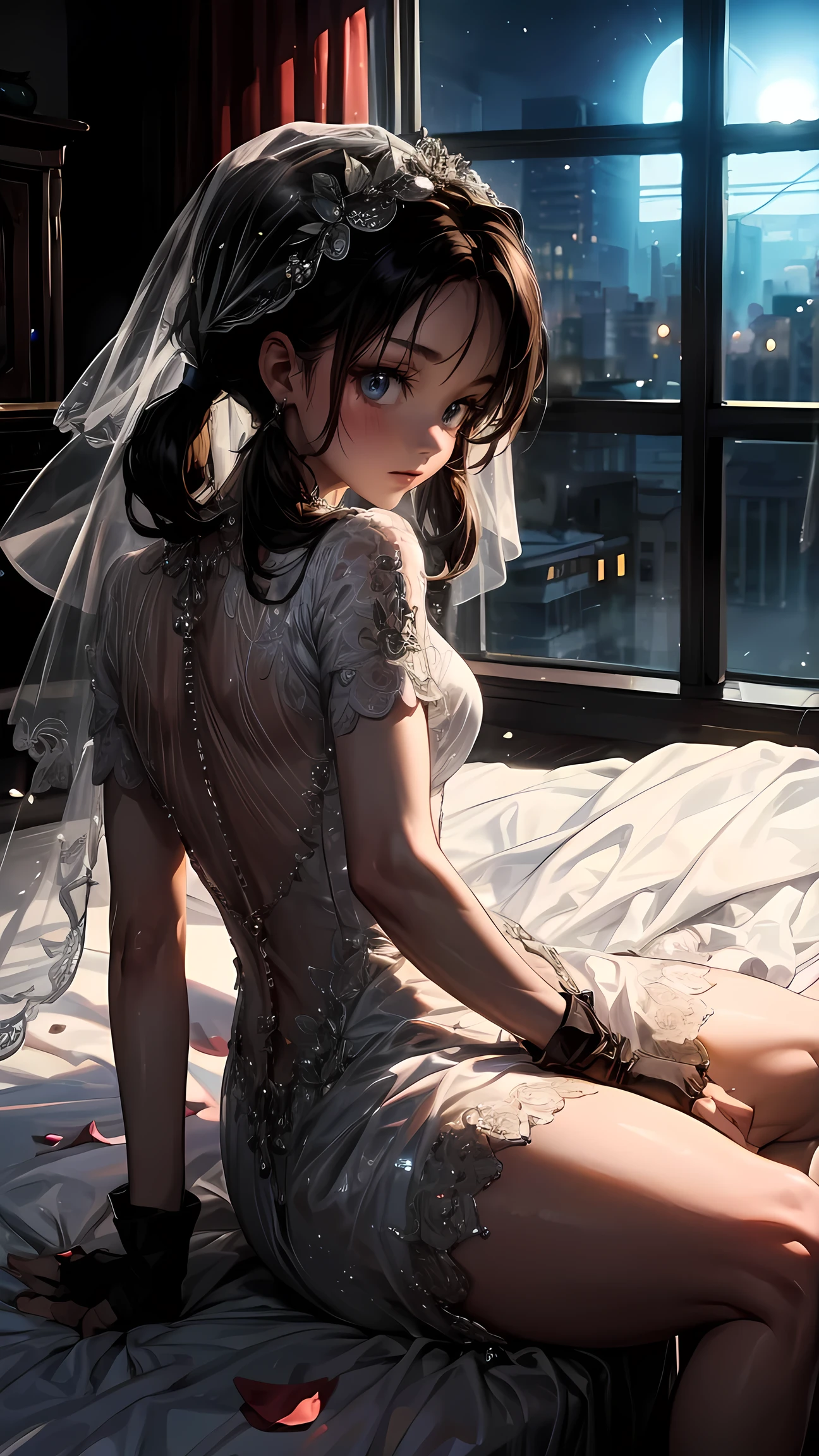 (masterpiece), 1girl, perfect details, expressive eyes, high quality, Semi-Realism, anime studio style, videl, blue eyes, black hair, ((twintails)), long hair, ruanyi0263, bridal veil, wedding dress, veil, white see-through dress, bride, short sleeves, black gloves, fingerless gloves, black shorts, bike shorts, sitting sultry, on a bed, wedding night, romantic scene, romance, flower petals, windows open, ((night-time)), romance,