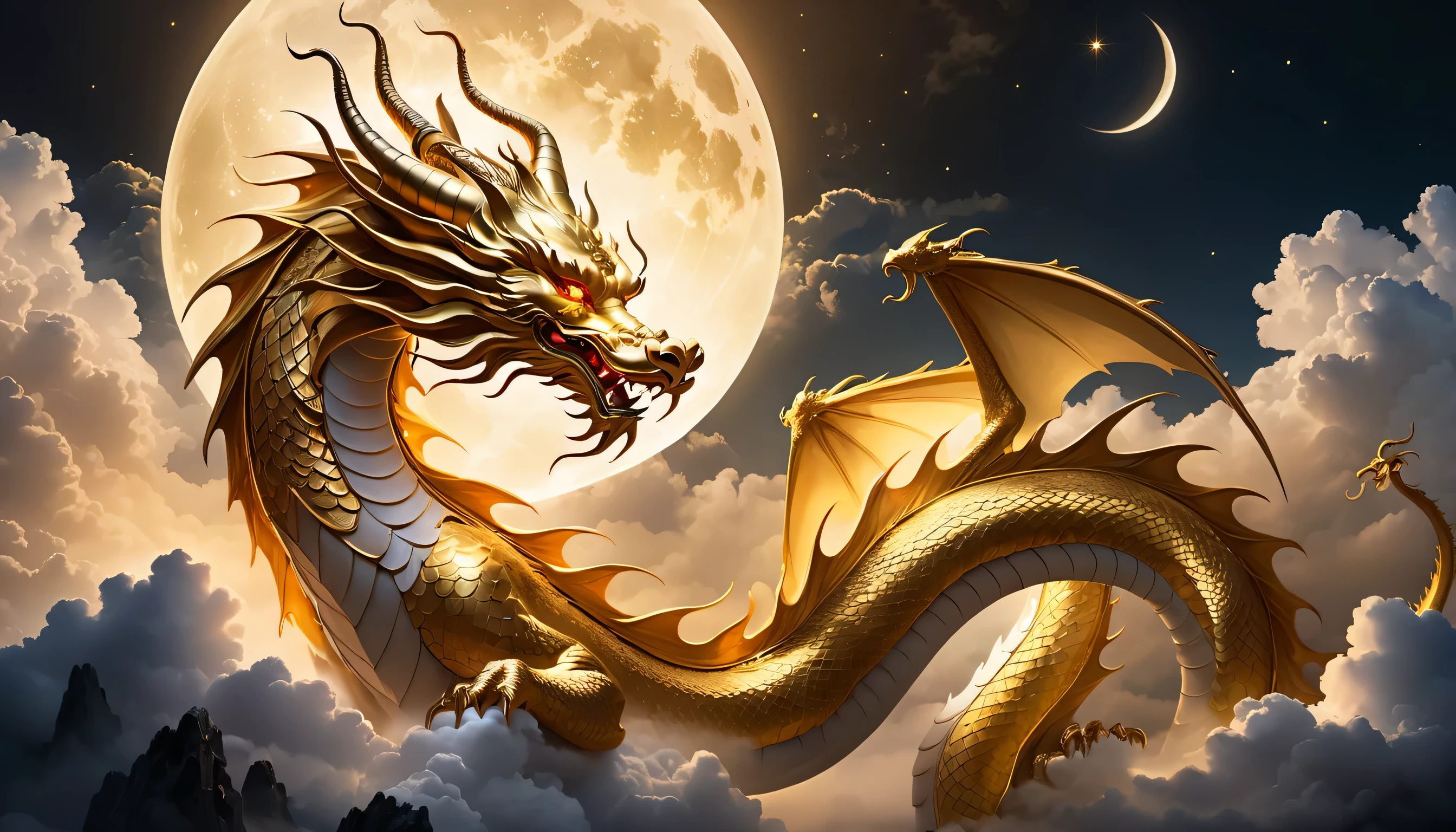 Golden Dragon God  ,  gentle gaze , Excellent background,  moonlight background ,   sea of clouds background , Golden splash, mystery, Holy Light, mythical creature,  traditional Chinese dragon , myth, Mottled light,  hazy haze , mystery aura, masterpiece, Excellent,  elegant dragon , good luck, Fantasy Art