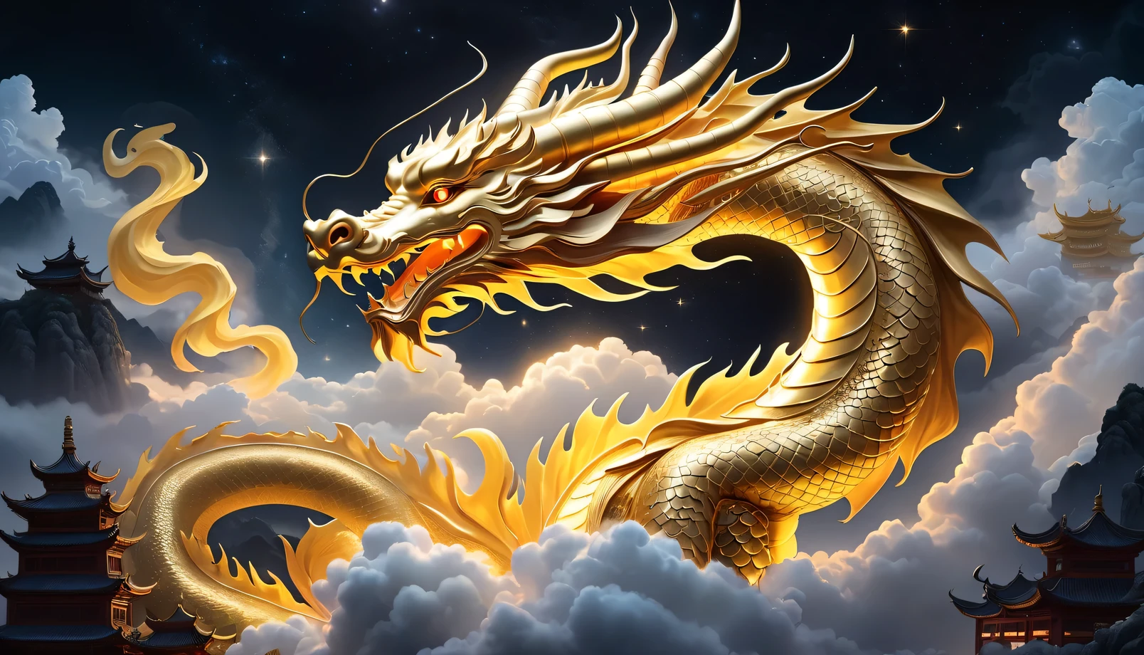 Golden Dragon God  ,  gentle gaze , Excellent background,  moonlight background ,   sea of clouds background , Golden splash, mystery, Holy Light, mythical creature,  traditional Chinese dragon , myth, Mottled light,  hazy haze , mystery aura, masterpiece, Excellent,  elegant dragon , good luck, Fantasy Art