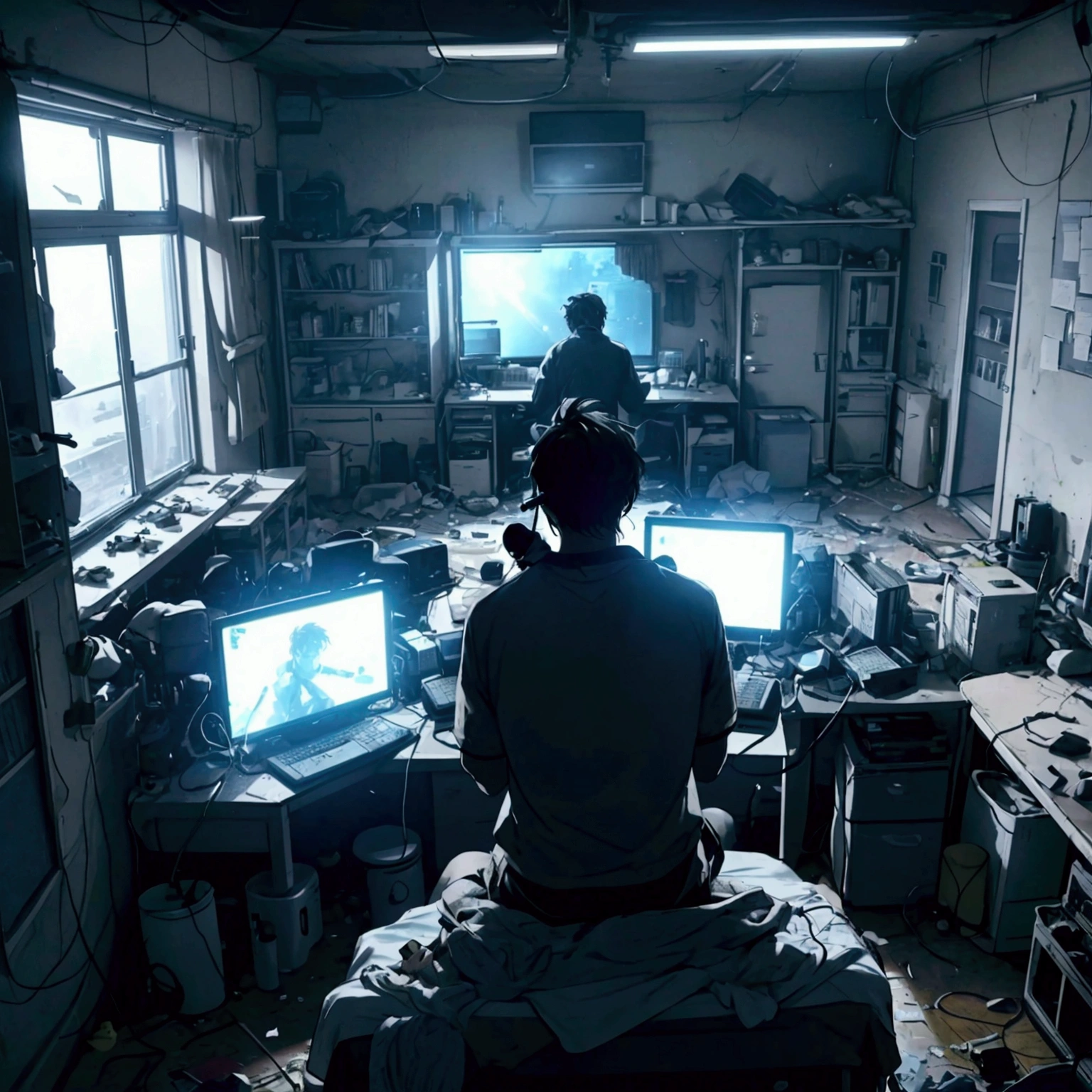  player in a messy room with some servers he is in front of four screens and with a headset he is playing we see him from the side, The camera view sees him and sees the rest of the room we have a view of the messy bed too 