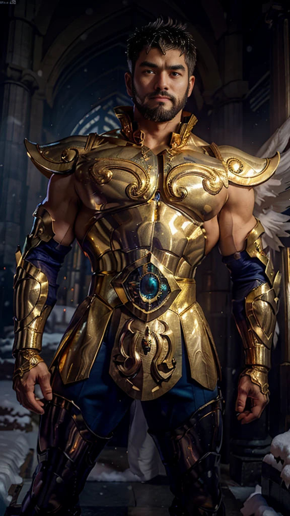 超 Kampala,  best quality , photograph, 4K, (photographrealistic:1.4), Muscularな男性,  abs,  Volumetric Light in Medieval Gold Armor , Fine feathers,  Cyberpunk Environment , Snow and Background Environment , Cathedral of , Portal of the Future,   Volumetric Light ,  Kampala, magic, Divine Light,  backlit , Detailed face, Contrasting,  Good Looking Japanese 、Very big body、  bodybuilder、Good Looking、Very tall、  manly face、 Angel's Big Wings、I'm not wearing pants under my armor、 macho、Short Beard、Short Hair、Short Hair、Muscular