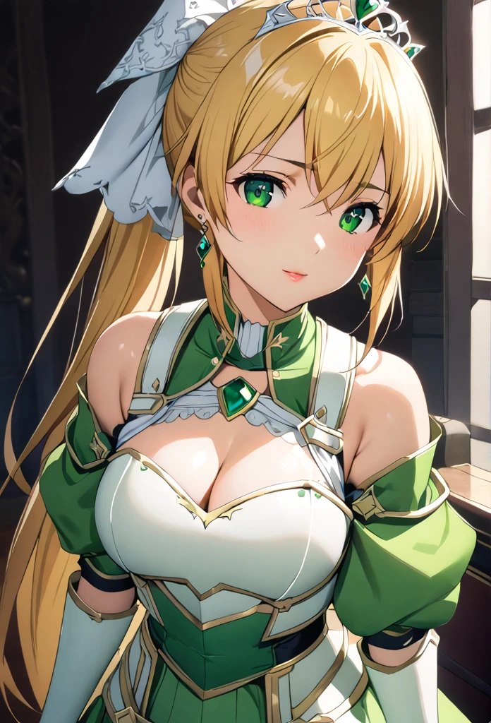 ((masterpiece)), Highest quality, Very detailed,(One Girl),Kirigaya Naoha, Long Hair, Blonde, Hair accessories, Green Eyes, ponytail, Hair Tube, dress, green dress, gloves, [Bare shoulders, jewelry, Cleavage, Princess, elbow gloves,Tiara,brooch,white gloves、Adult female、thin、Very beautiful、Beautiful Face、(((Green and white armor、breastplate、Shiny Armor:1.2)))、Gold earrings、Blonde, Green Eyes, Pink Lips, Cowboy Shot