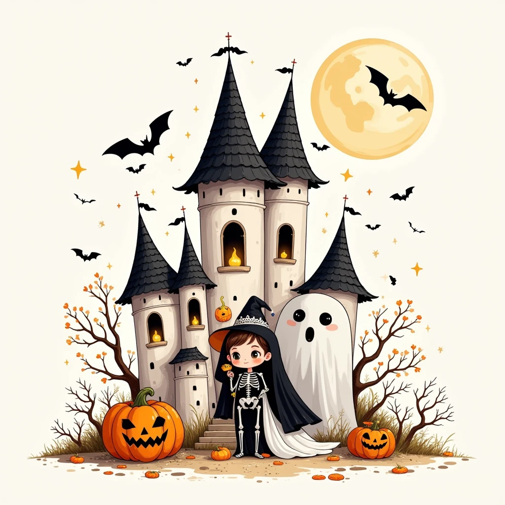 Halloween，Minimalism，Gothic，cute，castle，Atmosphere，Weird， suspenseful ， Ghost Bride ， Skeleton Bride ，Super cute ， Giant Ghost ，Will-O-Wisp，Jack-o&#39;-lantern，bat，thorns，Smoky， Cartoon Illustration Style ，Avatar Design ，Monet，Rococo，Line Illustration，Hand drawn illustrations，It's fun，Q version，呆萌cute画风，Warmth，Pure white background