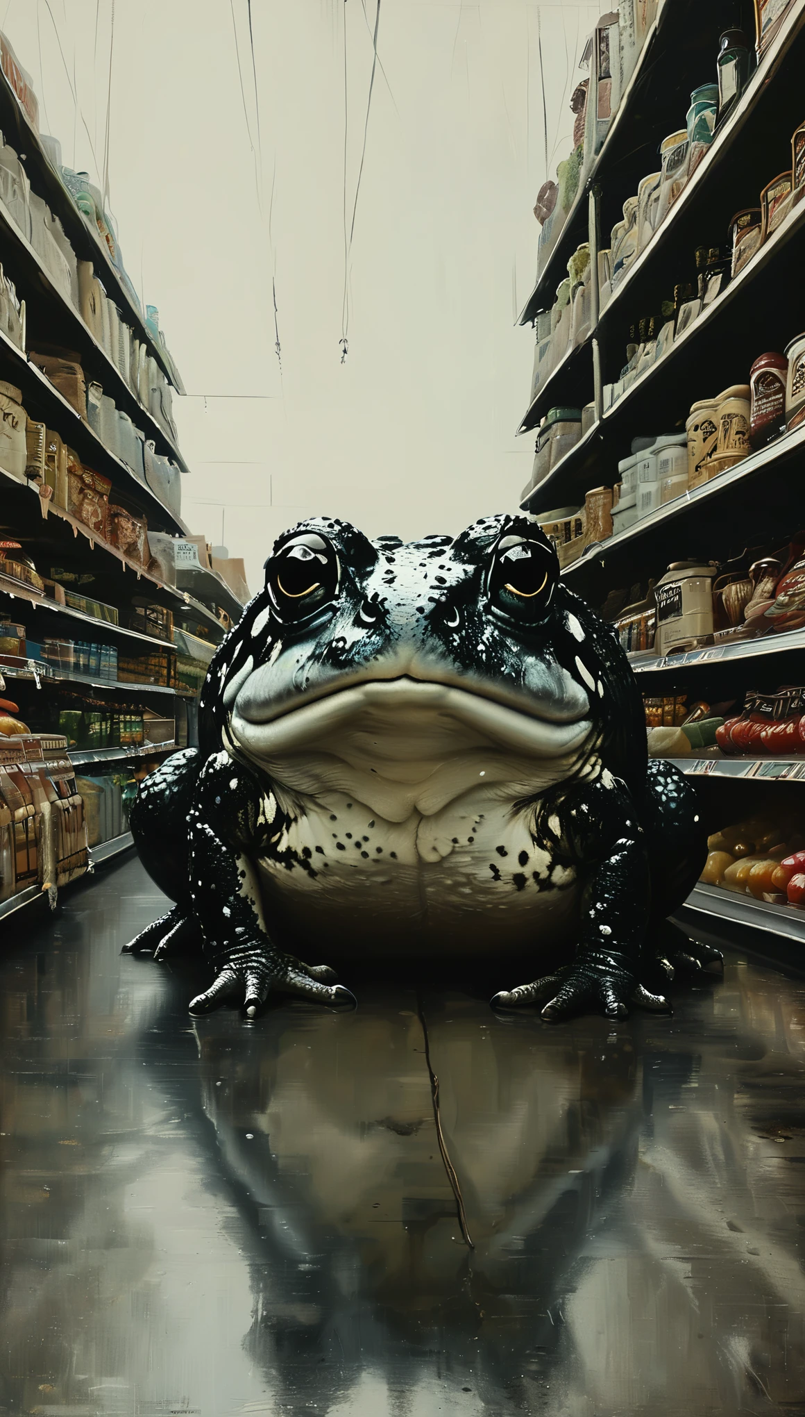 Close up of a grocery store with a black and white toad staring from far in the distance