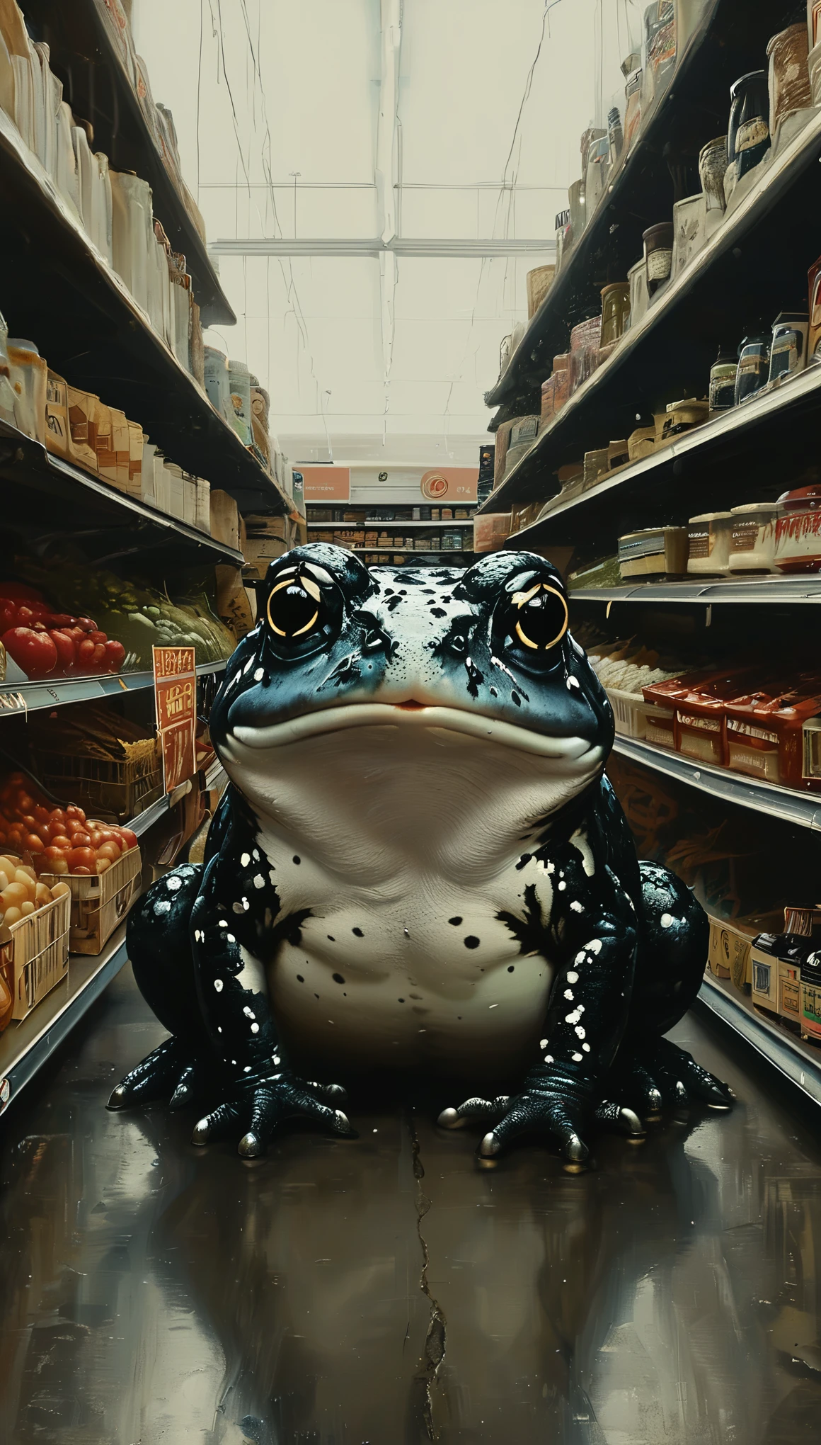 Close up of a grocery store with a black and white toad staring from far in the distance