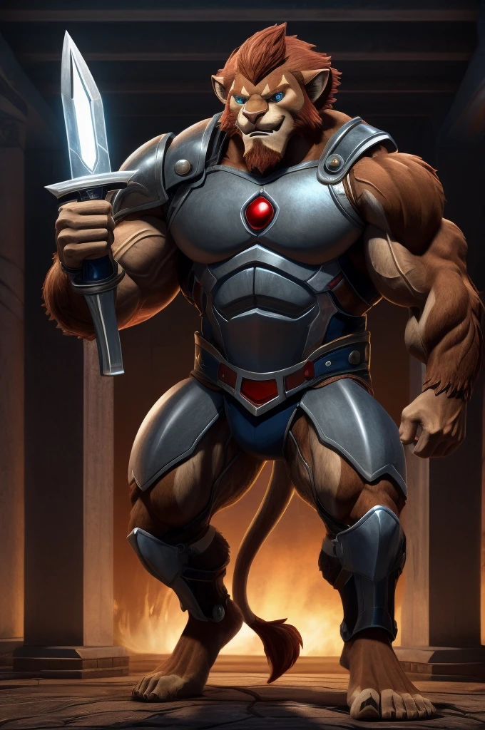 Uma imagem realista de Lion-o dos thundercats, super muscular giant, with muscular arms , blue eyes, a tail, super hairy brown fur, with veins popping out, ombros largos, Giant toned physicist ,  muscle veins bursting, wearing armor,  standing barefoot ,  raising the punishing sword 