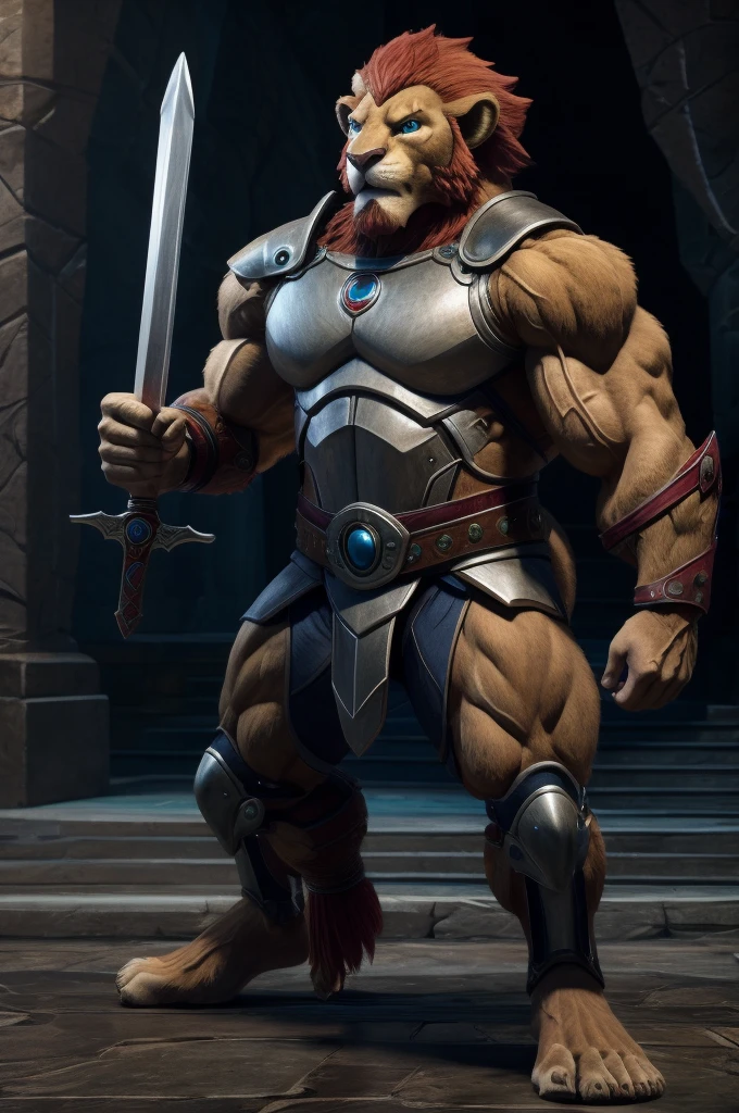 A realistic image of Lion-o from the thundercats, super muscular giant, with muscular arms, blue eyes, a tail, super furry brown fur, with veins popping out, broad shoulders, giant toned physique, muscle veins popping out, wearing armor, standing barefoot, raising the sword of omen