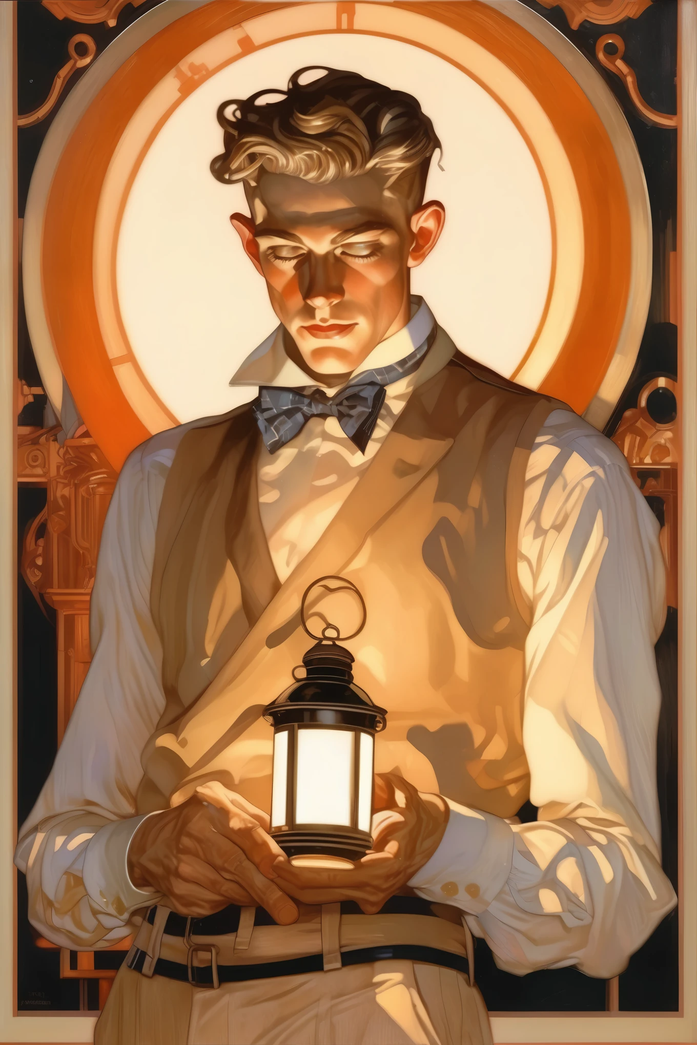 J.C. Leyendecker Style - in the style of J. C. Leyendecker, sophicecated man has lantern