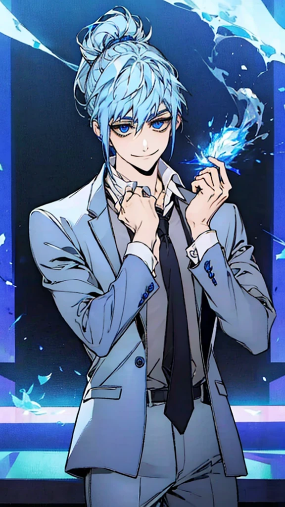  masterpiece,  better quality,  High quality, 1 boy, Alone,  Male Focus ,  looking at the cards ,  glowing neon joker cards on the table, Hand on face,  holding neon cards ,  aguero _agnes_khun , blue hair, blue eyes, multicolored fur,  ponytail ,  black vase suit  , sleeves rolled up,  loose tie , in the whole body , smirk,  blue smoke  e prateada ,  blue smoke , Rays, flares, dust ,  futuristic fantasy world ,  mixing cards  , smiling ,  glowing blue cubes in the background  ,looking for-or,  intricately hyperdetailed tattoos 