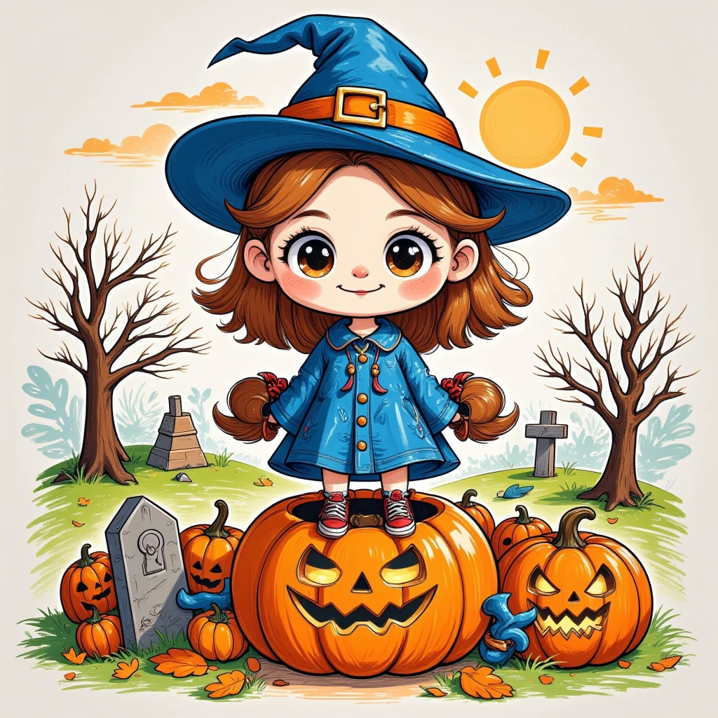 Halloween night， ghost wearing a blue denim costume，Ride on a horse， behind it is a graveyard ，Cowboy blue light blue ，Cowboy hat，Jack-o&#39;-lantern，Halloween elements