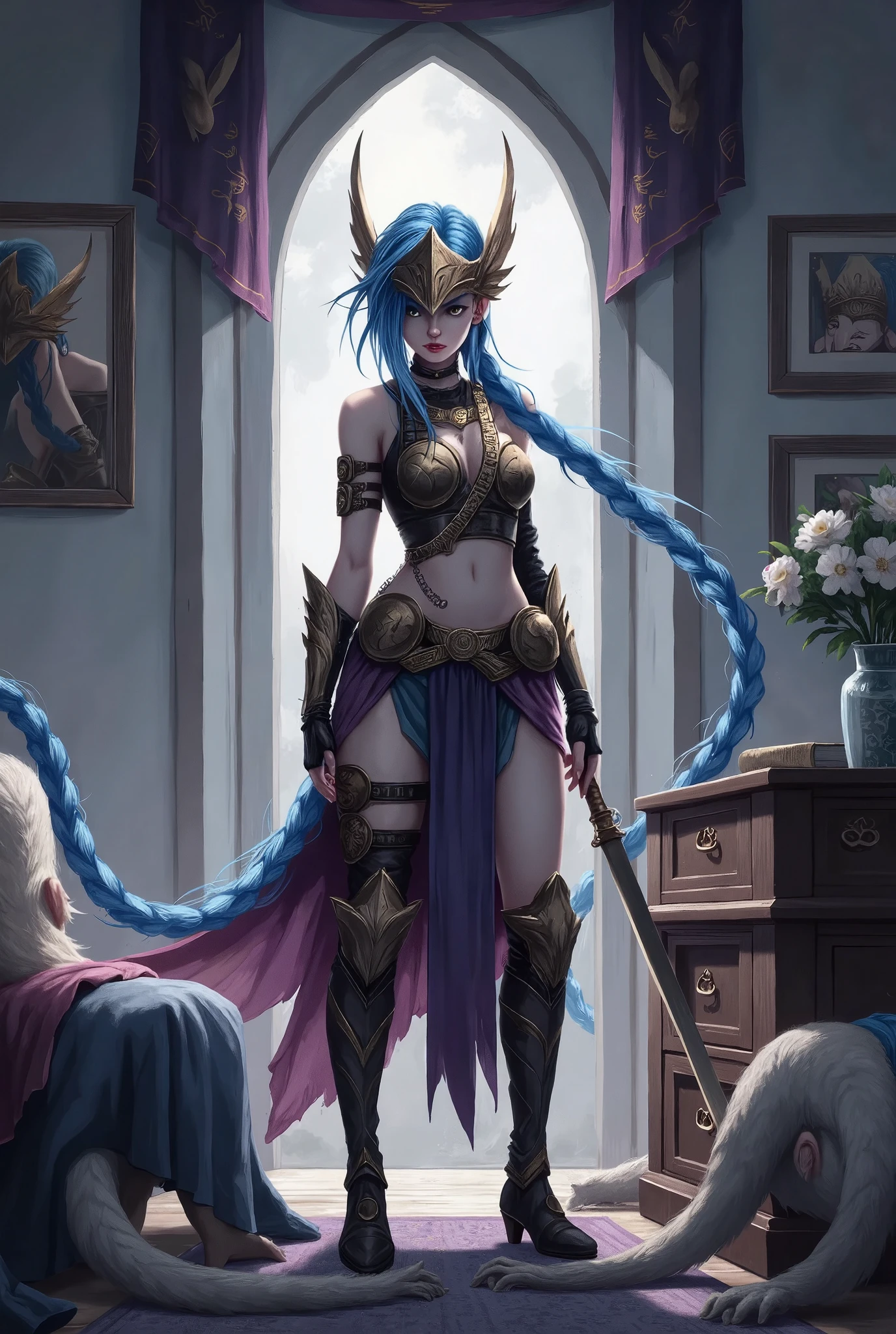 (masterpiece,   best quality:1.2), Jinx，Valkyrie，   1 girl at home, solitary
