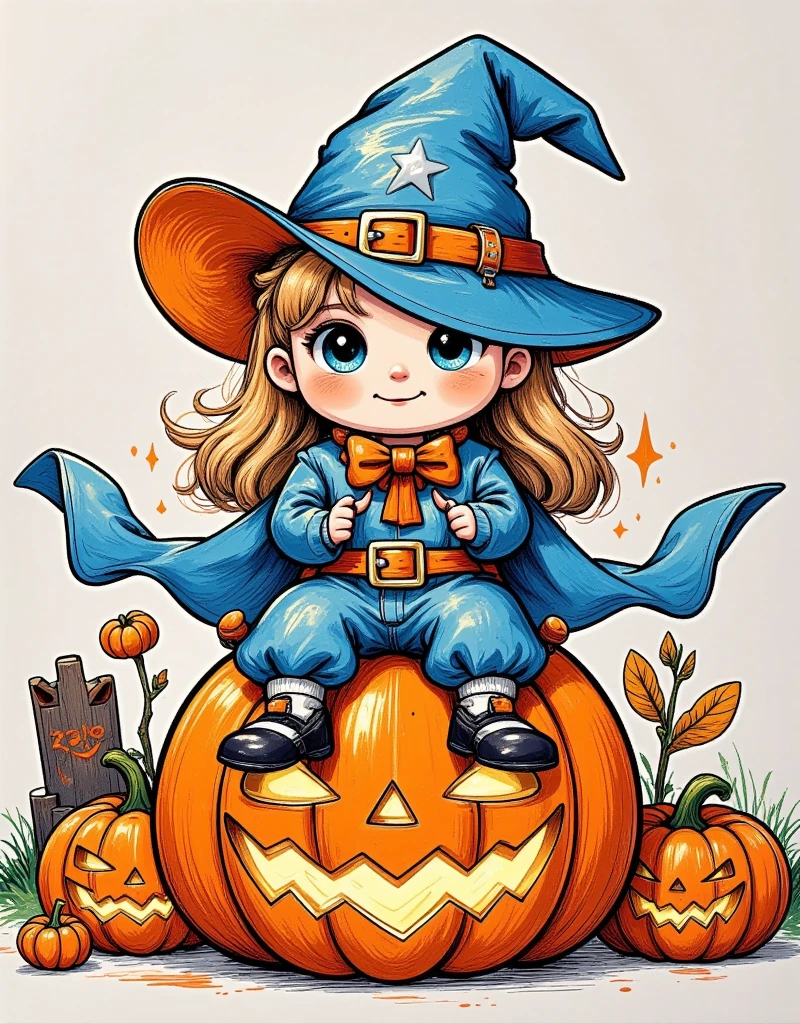 Halloween night， ghost wearing a blue denim costume，Ride on a horse， behind it is a graveyard ，Cowboy blue light blue ，Cowboy hat，Jack-o&#39;-lantern，Halloween elements