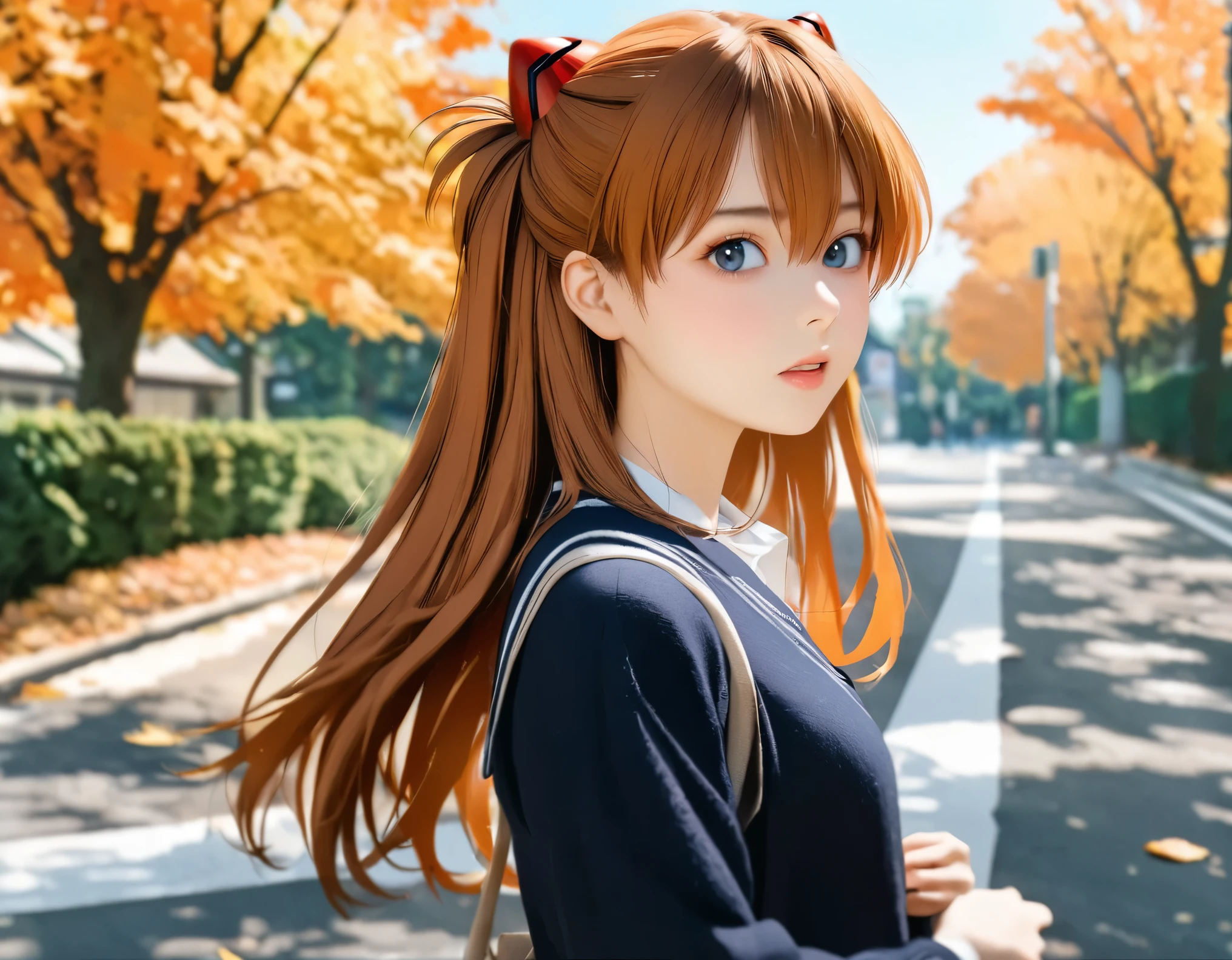 (best quality, 8k, high resolution:1.2), 1girl, souryuu_asuka_langley, attending school, autumn, upper body