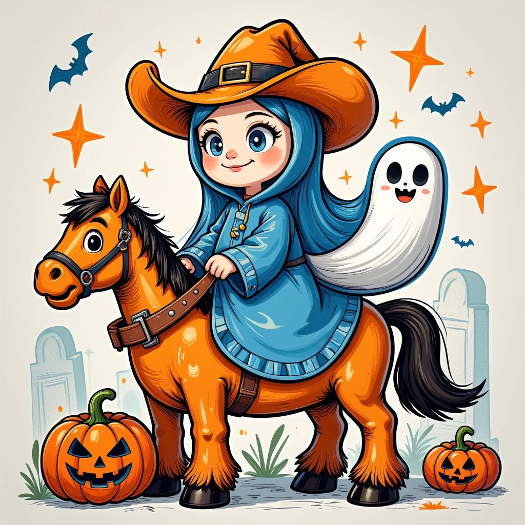 Halloween night， ghost wearing a blue denim costume，Ride on a horse， behind it is a graveyard ，Cowboy blue light blue ，Cowboy hat，Jack-o&#39;-lantern，Halloween elements