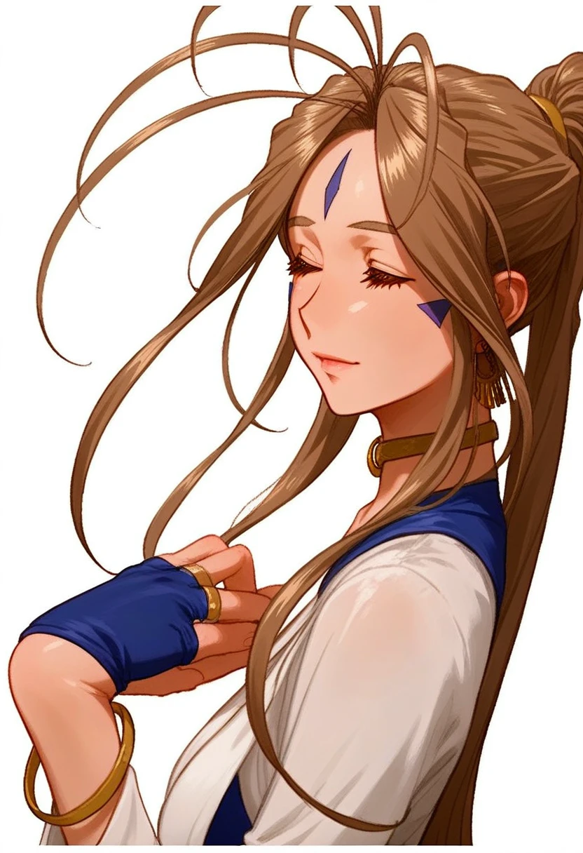 sfw, 1goddess, (priestess, priestess high-neck dress), (short-neck), long sleeves, ((Blue Trimmed Dresses, Blue-Trim)), BREAK, (elegant mature woman), (sleeping face, sleeping, standing), closed eyes:1.4, ((U-shape Eyelines)), closed mouth, dynamic angle, dynamic pose, ((Side Away, side face)), from side, upper-body, close-up, transparent background, BREAK, Lovebell-SDXL, Belldandy, long ponytail, blue eyes, brown hair, gold choker, fingerless blue gloves, bracelet, earring, wedding-ring, BREAK, (shiny skin, white Pearl skin), detailed eyes, detailed eyelashes, extremely detailed face, sharp detailed lips, (masterpiece:1.2), ((best quality)), (ultra detailed), (realistic), portrait, dramatic lighting, ((sharp focus, sharp detail)), score_9, score_8_up, score_7_up, score_anime,