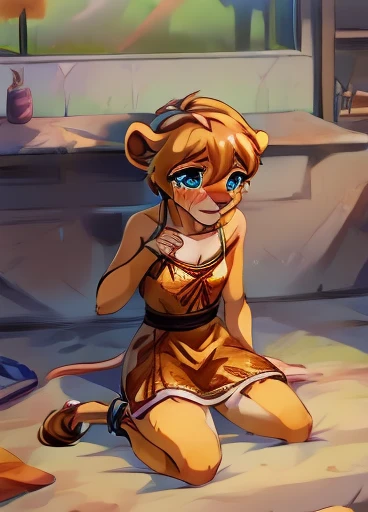 Lion Girl,Lana as a ,  Yellow fur Blue eyes,Orange Summer Dress,Crying, ,I'm wearing a shackle