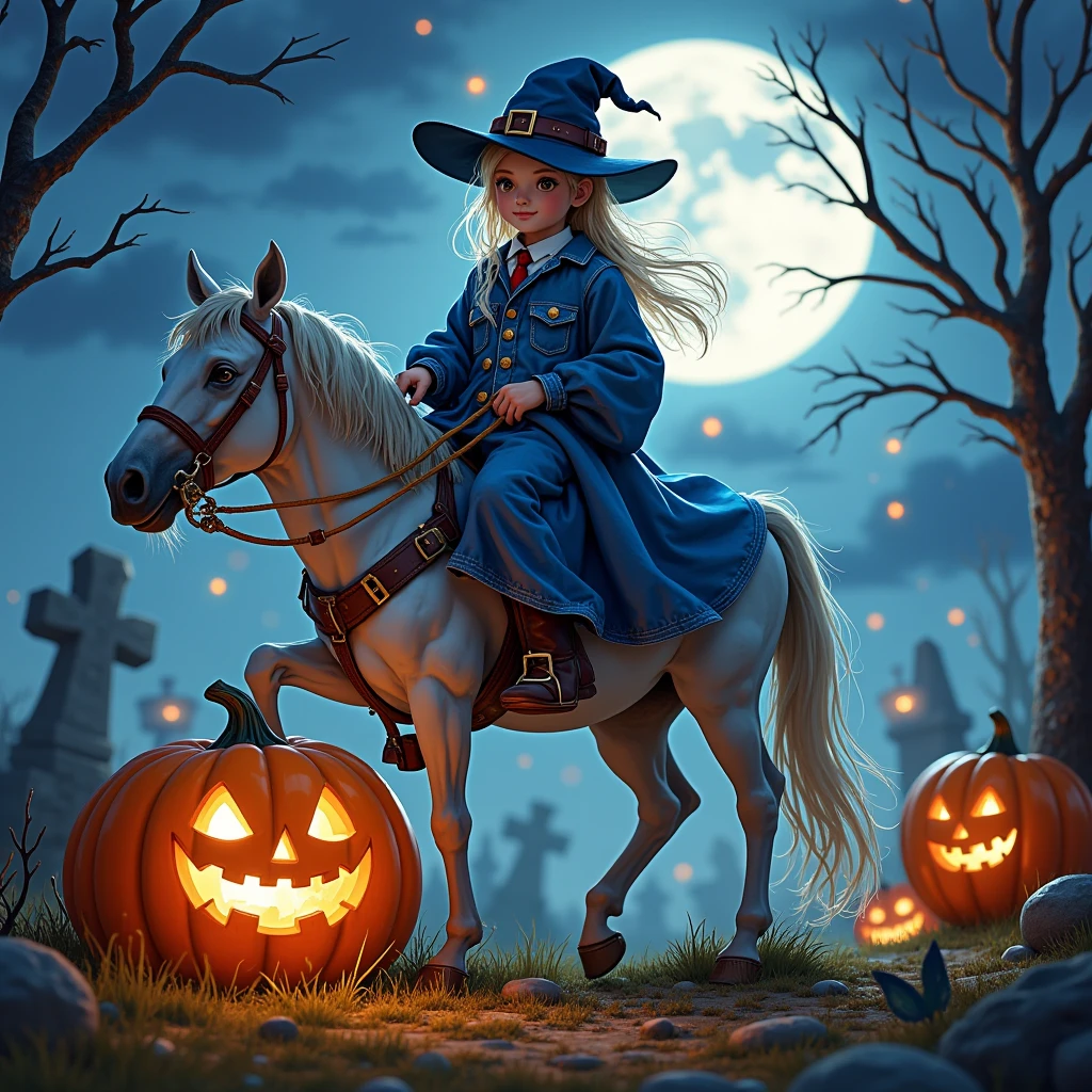 Halloween night， ghost wearing a blue denim costume，Ride on a horse， behind it is a graveyard ，Cowboy blue light blue ，Cowboy hat，Jack-o&#39;-lantern，Halloween elements