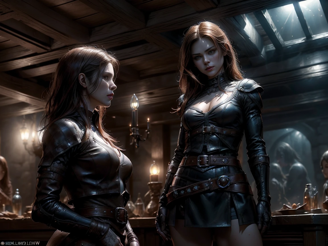 (Masterpiece, highest quality, Best Quality, Beautiful and aesthetic:1.2), full body, seductive red-headed female assassin, wearing a small low-riding leather mini skirt and revealing leather top, belts and straps, daggers sheathed at her sides, (standing confidently in a dimly lit tavern:1.3), dark wood interior with warm golden candlelight illuminating the room, soft ambient lighting highlighting her features, gentle reflections on leather, intense and focused expression, (dynamic lighting and balanced shadows:1.4), bright moonlight streaming through a window, ultra-detailed environment, delicate facial features, alluring and powerful presence. easynegative, bhands, bhands-neg, SuperNeg-Test