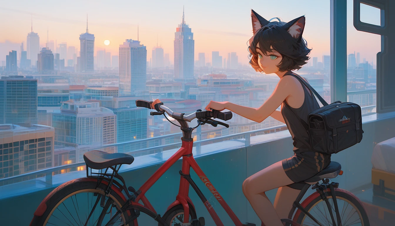 best quality, 1 girl,City,California,Cat ears,morning,Coastal,bicycle