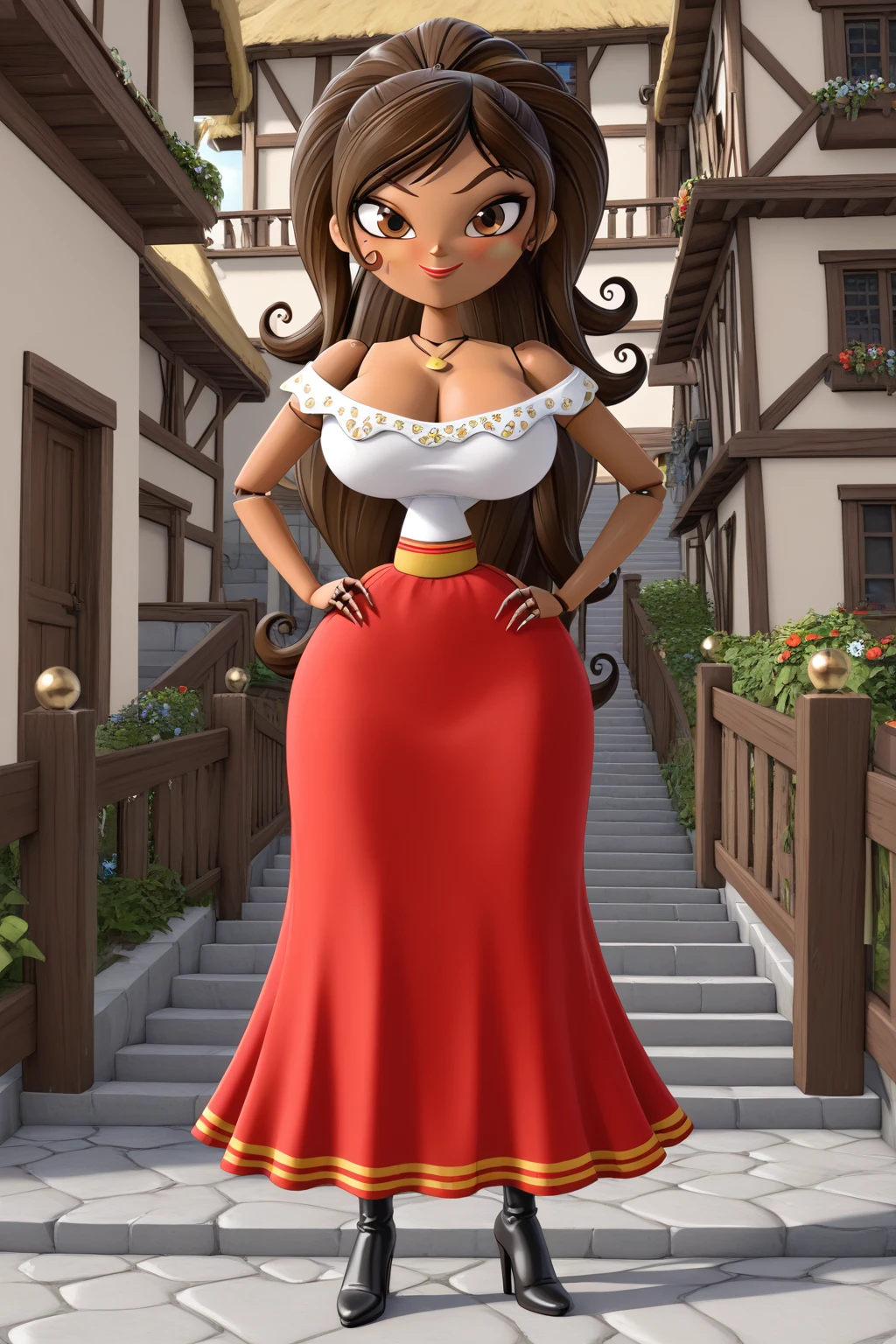 1girl, long hair, ponytail, joints, dark skin, Brown Hair, village, day, embarrassed face, smile, super blushing, Big breasts, dark skin, solo, 1 girl, looking at viwer, front view, standing, wood skin, necklace, cleavage, bare shoulders, off shoulder, white blouse, red skirt, Long skirt, black boots heels, Brown skin, pov front view, front view, sexy body, front view, pov front view