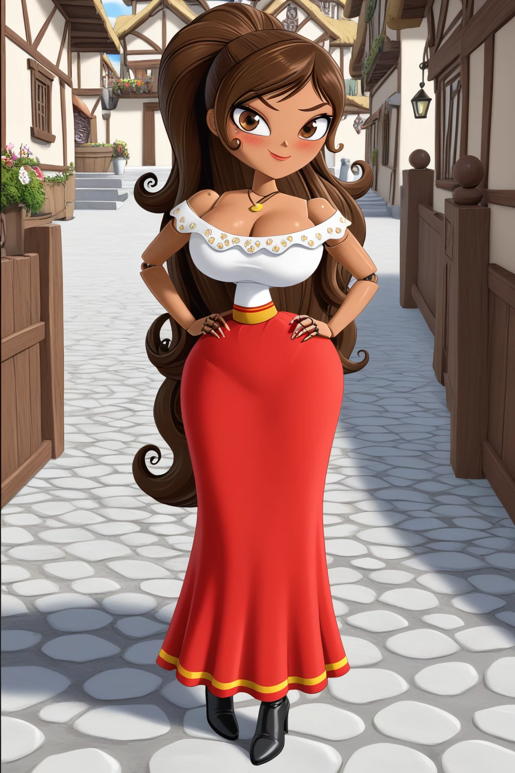 1girl, long hair, ponytail, joints, dark skin, Brown Hair, village, day, embarrassed face, smile, super blushing, Big breasts, dark skin, solo, 1 girl, looking at viwer, front view, standing, wood skin, necklace, cleavage, bare shoulders, off shoulder, white blouse, red skirt, Long skirt, black boots heels, Brown skin, pov front view, front view, sexy body, front view, pov front view