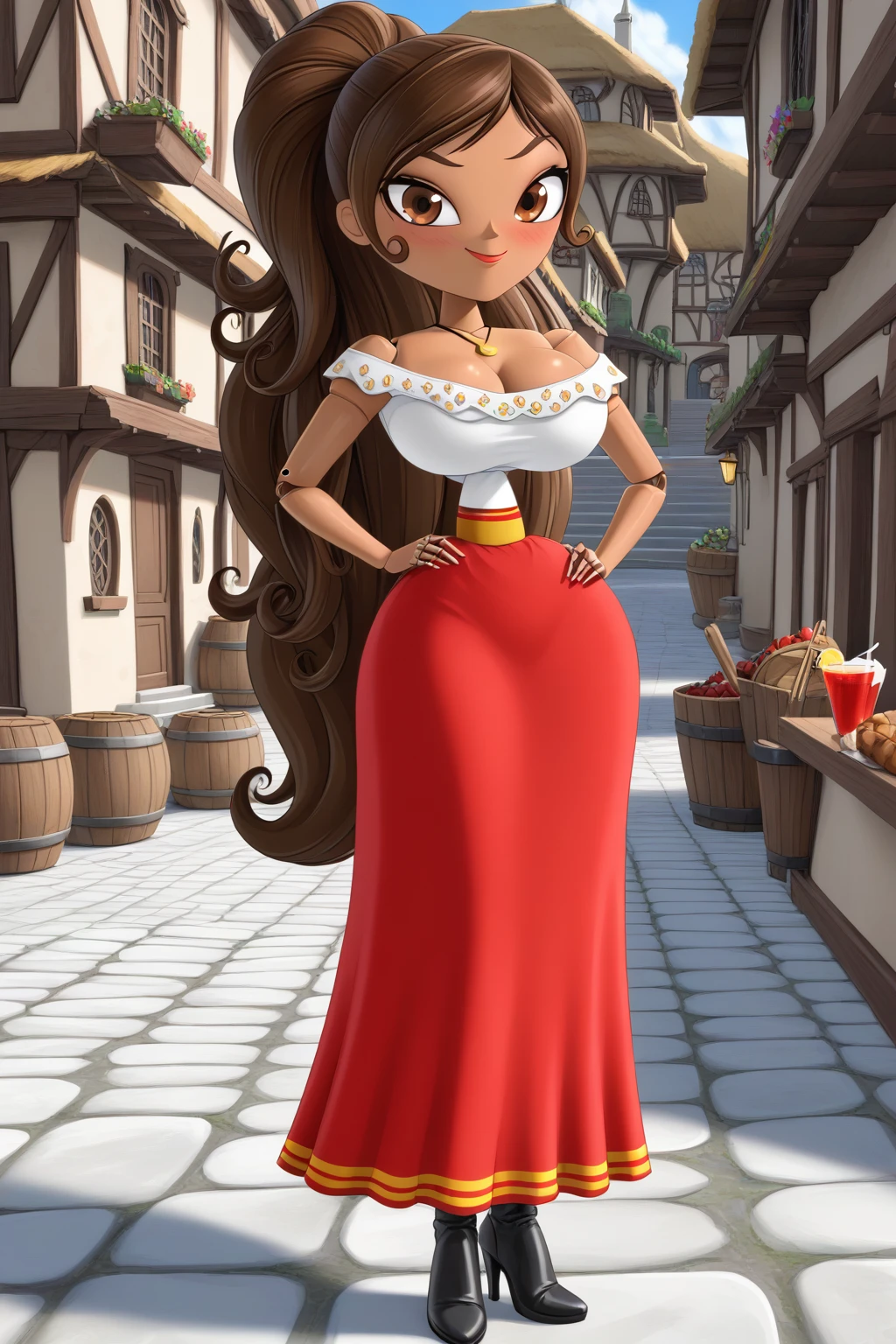 1girl, long hair, ponytail, joints, dark skin, Brown Hair, village, day, embarrassed face, smile, super blushing, Big breasts, dark skin, solo, 1 girl, looking at viwer, front view, standing, wood skin, necklace, cleavage, bare shoulders, off shoulder, white blouse, red skirt, Long skirt, black boots heels, Brown skin, pov front view, front view, sexy body, front view, pov front view