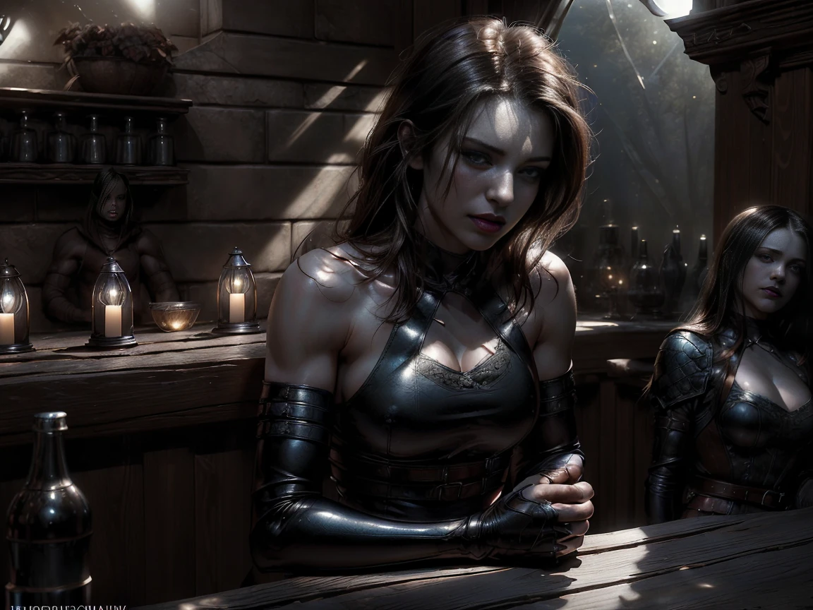 (Masterpiece, highest quality, Best Quality, Beautiful and aesthetic:1.5), full body, seductive red-headed female assassin, wearing a small low-riding leather mini skirt and revealing leather top, belts and straps, daggers sheathed at her sides, (standing confidently in a dimly lit tavern:1.3), dark wood interior with warm golden candlelight illuminating the room, soft ambient lighting highlighting her features, gentle reflections on leather, intense and focused expression, (dynamic lighting and balanced shadows:1.4), bright moonlight streaming through a window, ultra-detailed environment, delicate facial features, alluring and powerful presence. easynegative, bhands, bhands-neg, SuperNeg-Test