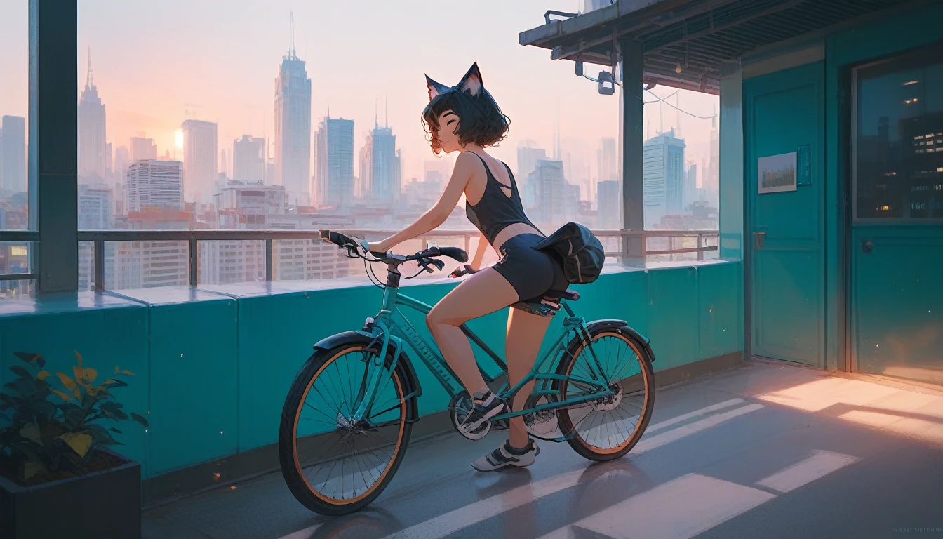 best quality, 1 girl,City,Cat ears,morning,Coastal,bicycle