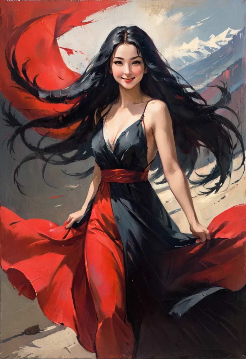 Female portrait, full body, Beautiful Nordic woman, long black hair flowing in the wind, smiling eyes, Looking at camera, smiling mouth, red dress with a low neckline, acrylic painting, Bold and expressive brushstroke, impressionist style, detailed face, Epic surreal background, very heavy brush strokes with thick textured paint, Specialized lighting and shadows, High contrast, art painting, Wadim Kashin.