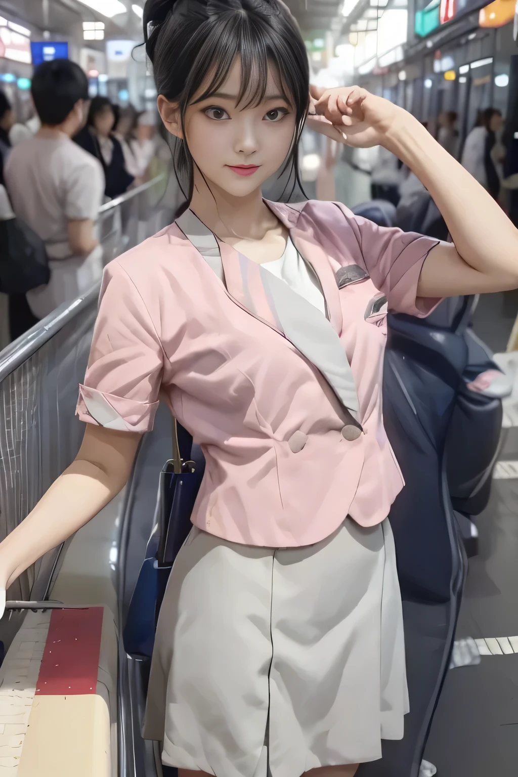 (masterpiece:1.2, Best Quality:1.2), 32K HDR,  Kampala, (Alone、 1 girl)、（on board、 Professional Lighting）、In-flight background、（Nankai train crew uniform pinkを着たリアルスタイル）、（（ pink short sleeve jacket from Nankai train crew uniform pink、collarless blouse short sleeve  、  gray wrapped culotte skirt ））、Dark brown hair、（ long hair、Hair tied up、Hair tied up）、Dark brown hair、 LONG SHOT 、Big Breasts、Thin legs、（（Great hands：2.0）），（（ Harmonious Body Proportions：1.5）），（（Normal limbs：2.0）），（（Normal finger：2.0）），（（Delicate eyes：2.0）），（（Normal eyes：2.0））)、smile、（Nankai train crew uniform pinkを見せた美しい姿）、Hands clasped underneath 