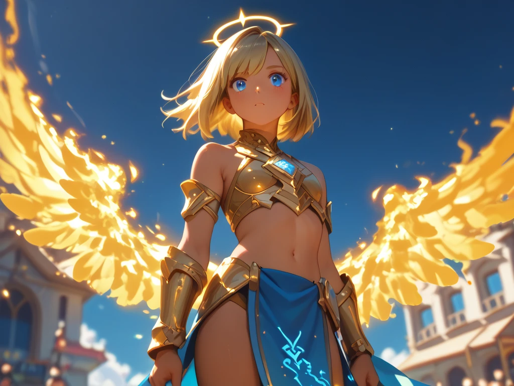 (Detailed),(masterpiece), whole body, young man, tan skin, tall, musculer , yellow hair , blue eyes, strong, whore, sexy, wearing gold armor arms, wearing sexy loincloth, wearing lot of gold jewelry, have big angel wings, surrounded by yellow fire aura, background shine sky, The halo is behind, hovering in the air, fly away, cloudy, sunlight, has a sword, holding a sword, glitter, Cinema Lighting
