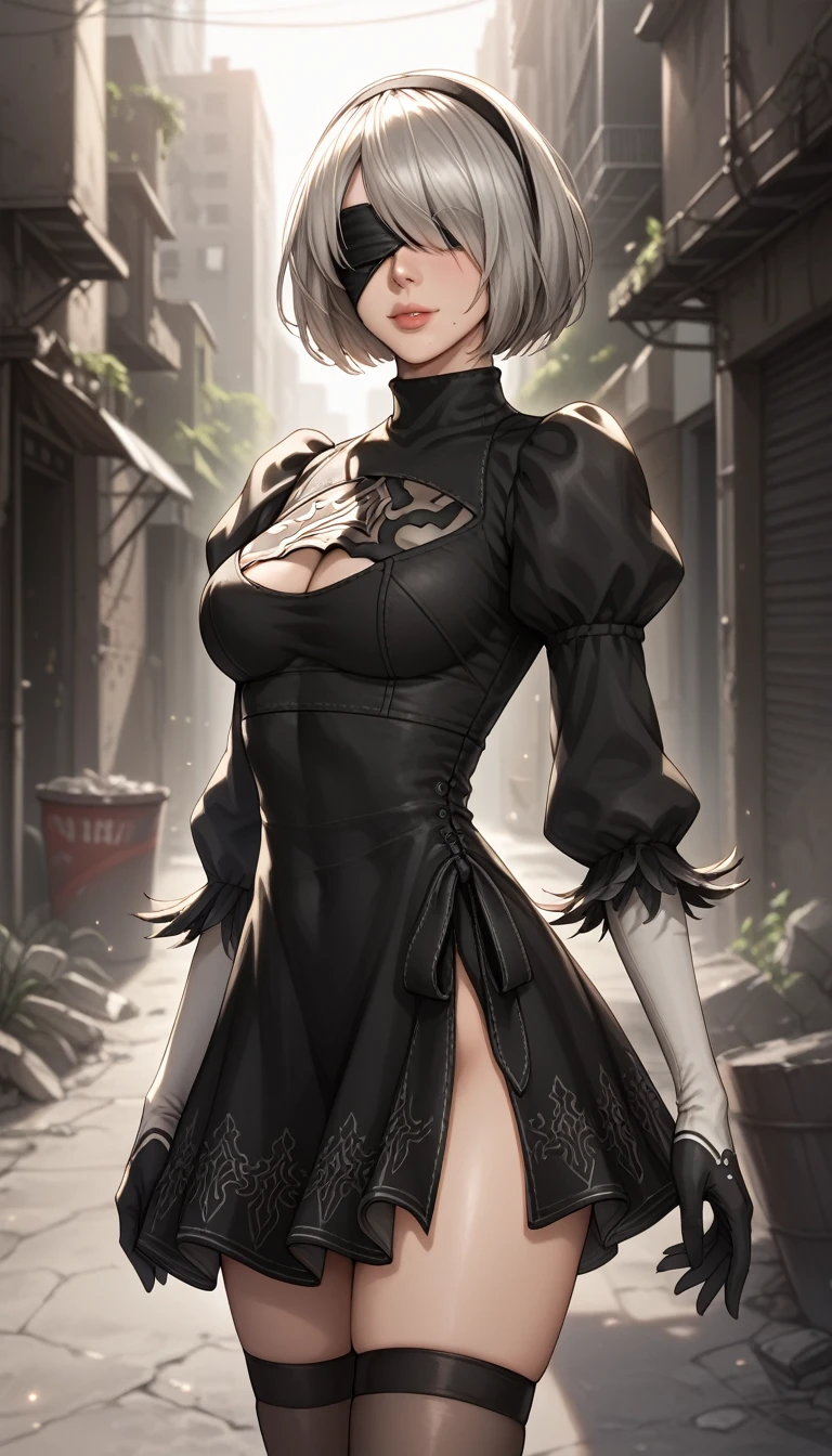 masterpiece,  Kampala,  anatomically correct, 最high quality,  High Details ,  high definition models,  very detailed , high quality,  ultra-fine,  textured skin, Realistic Skin, 
sアップer detail, Cinema Lighting,
1 female,  Inspired by NieR:Automata 2B,
 bob cut, Gray Hair, bangs,  Mole, Blindfold,
2B Dress,  Cleave Cut Out , skirt,   thighs in a dark alley ,  textured skin, Realistic Skin, 
ruins,
 sexy pose,  peeks in a dark alley ,